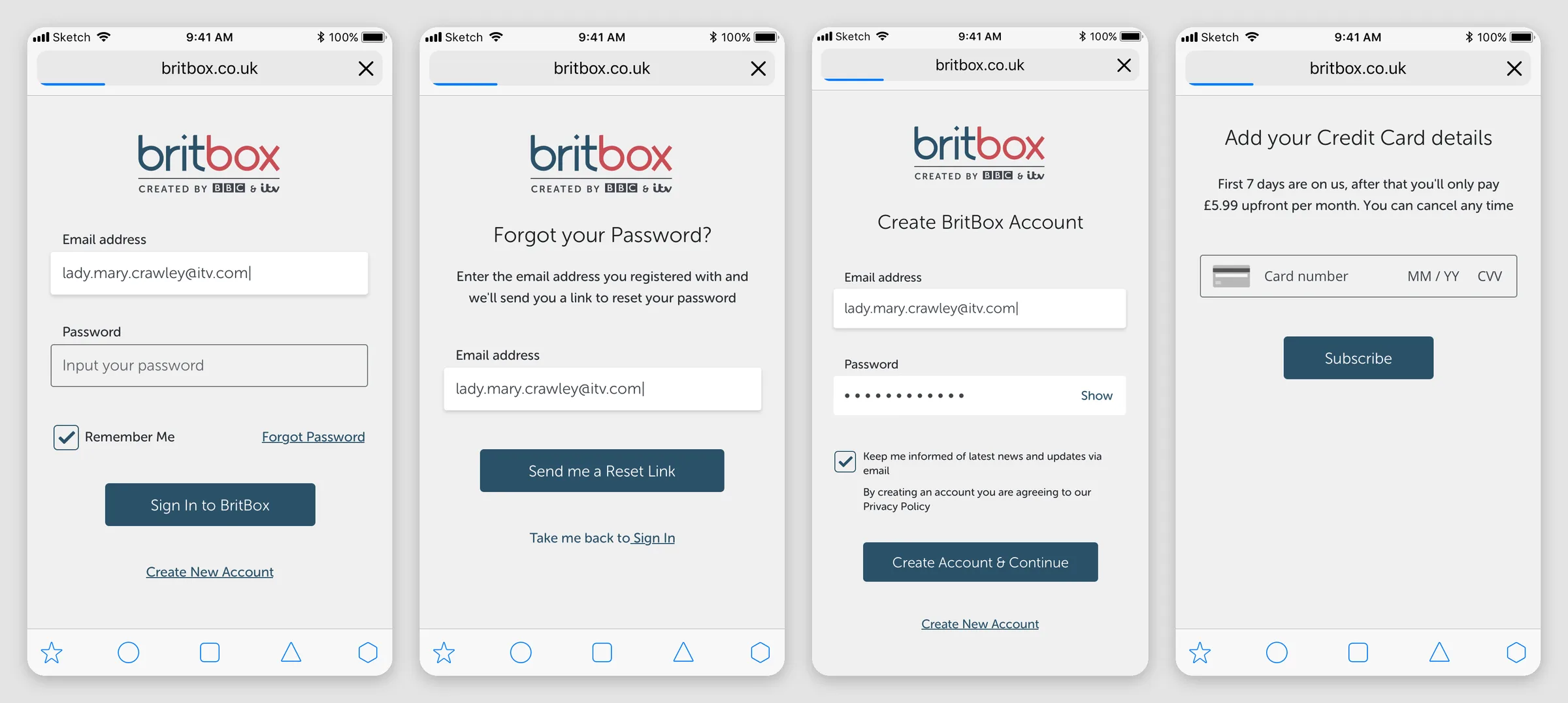 Four final BritBox screens on mobile web: sign in with an email and a password, forgot your password with a reset link button, create a BritBox account with a marketing opt-in, and add your credit card details with a Subscribe button.