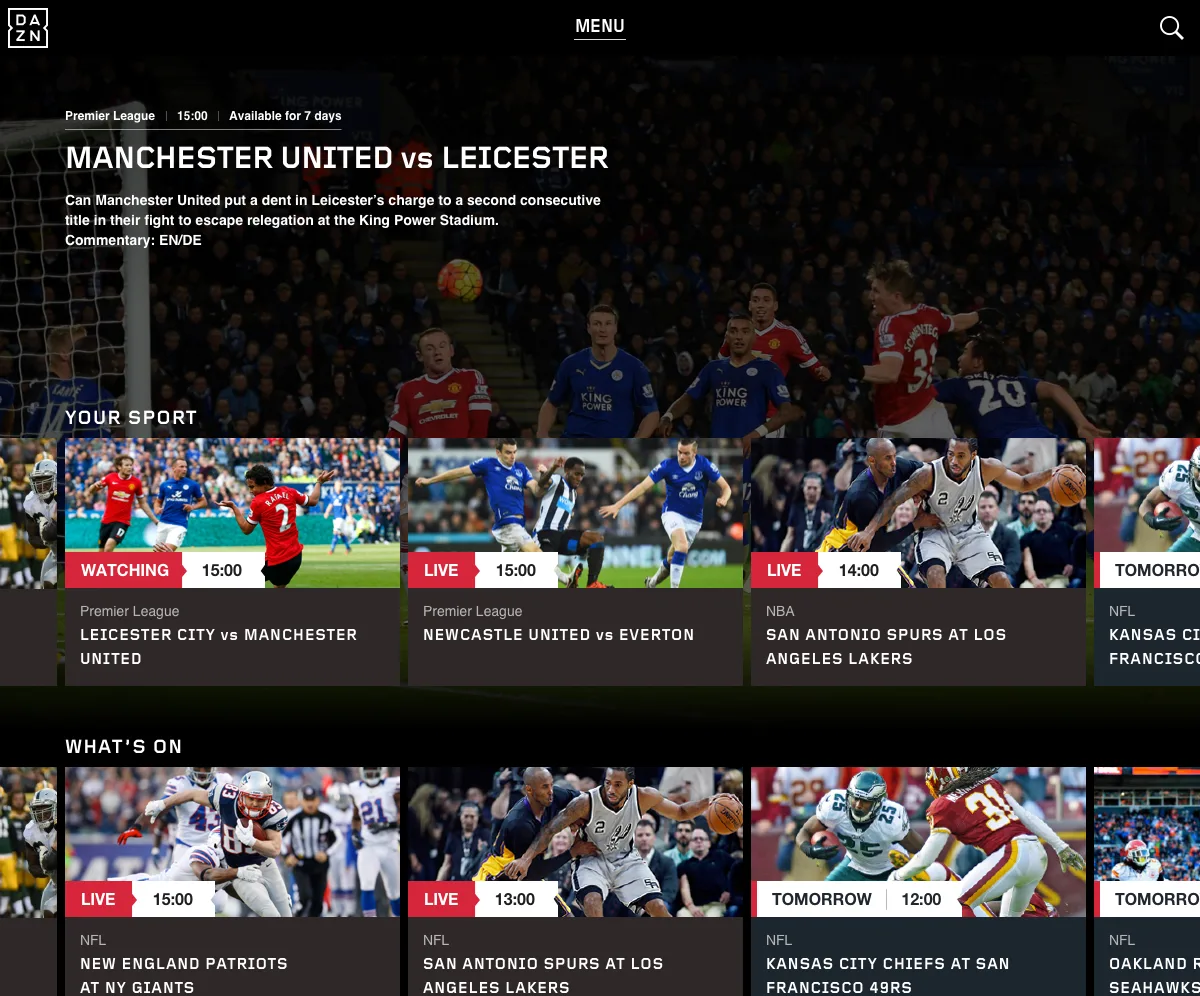 The first release's web home: a Manchester United against Leicester hero under the DAZN menu, then rows of tiles for Your sport and What's on, each tile an image above a coloured label reading Watching, Live or Tomorrow with a time, and the competition and teams in capitals.