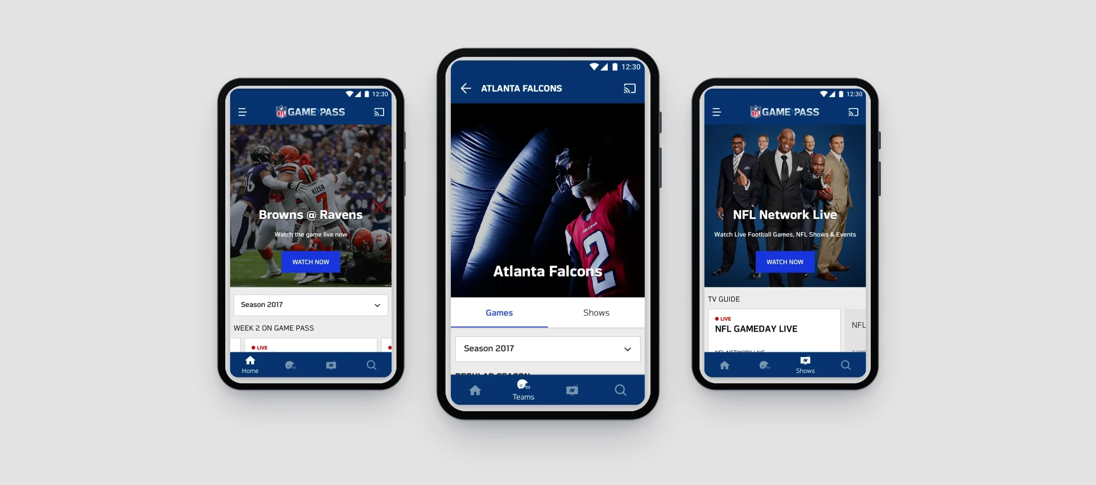 Three Android phone screens: the home with Browns at Ravens live and a Watch now button above the season filter and the week 2 rail, the Atlanta Falcons team page with Games and Shows tabs, and NFL Network Live above a TV guide rail.