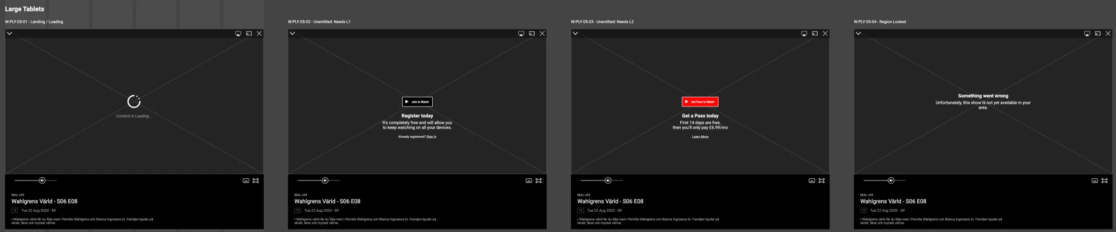 Four tablet player wireframes: content loading, register today with join to watch, get a pass today with a 14-day free trial, and a region locked message.