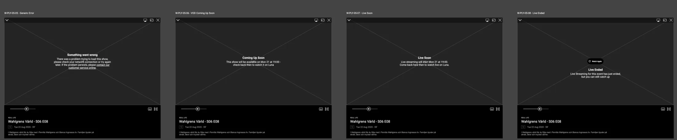 Four tablet player wireframes: something went wrong with a network message, coming up soon, live soon, and live ended with watch again.
