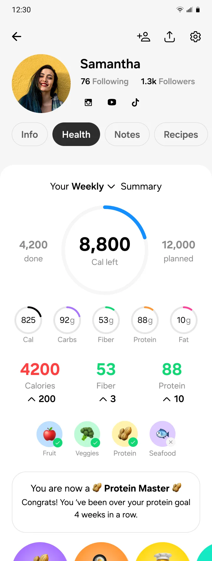 The first dashboard concept from iteration 0: a Health tab with a weekly calorie budget, macro counters, food group badges and a Protein Master achievement.