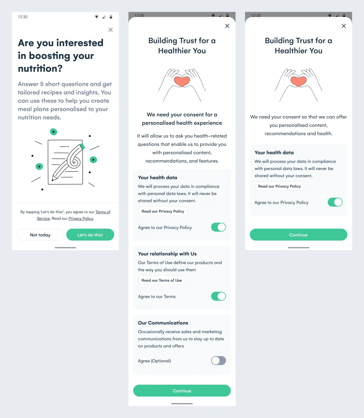 Three consent options side by side. The first is the offer screen with a terms and privacy line above Let's do this. The second, Building trust for a healthier you, has toggles for health data, terms of use and optional marketing. The third is the same screen with a single toggle for health data.