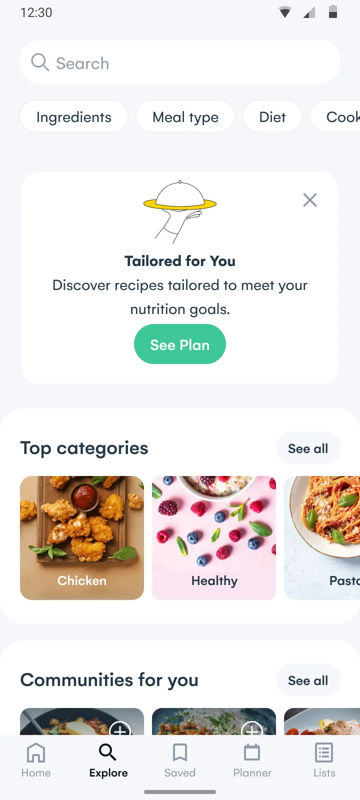 Explore, variant B: a Tailored for You banner reading Discover recipes tailored to meet your nutrition goals, with See Plan, above Top categories.