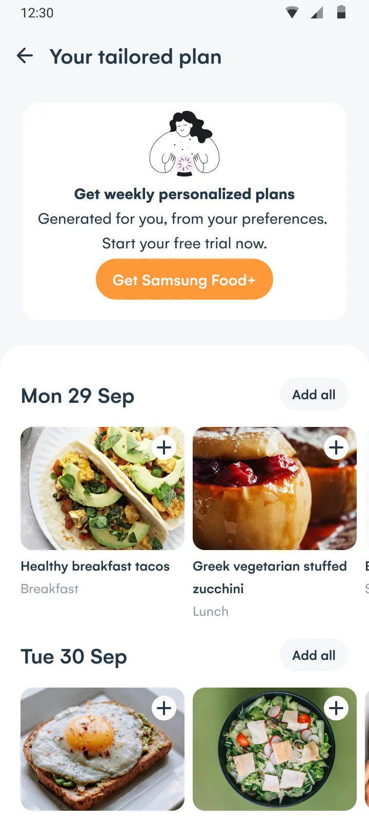 The Freemium tailored plan: a card offering weekly personalised plans generated from the user's preferences, with Get Samsung Food+, above the meals for Monday 29 September.