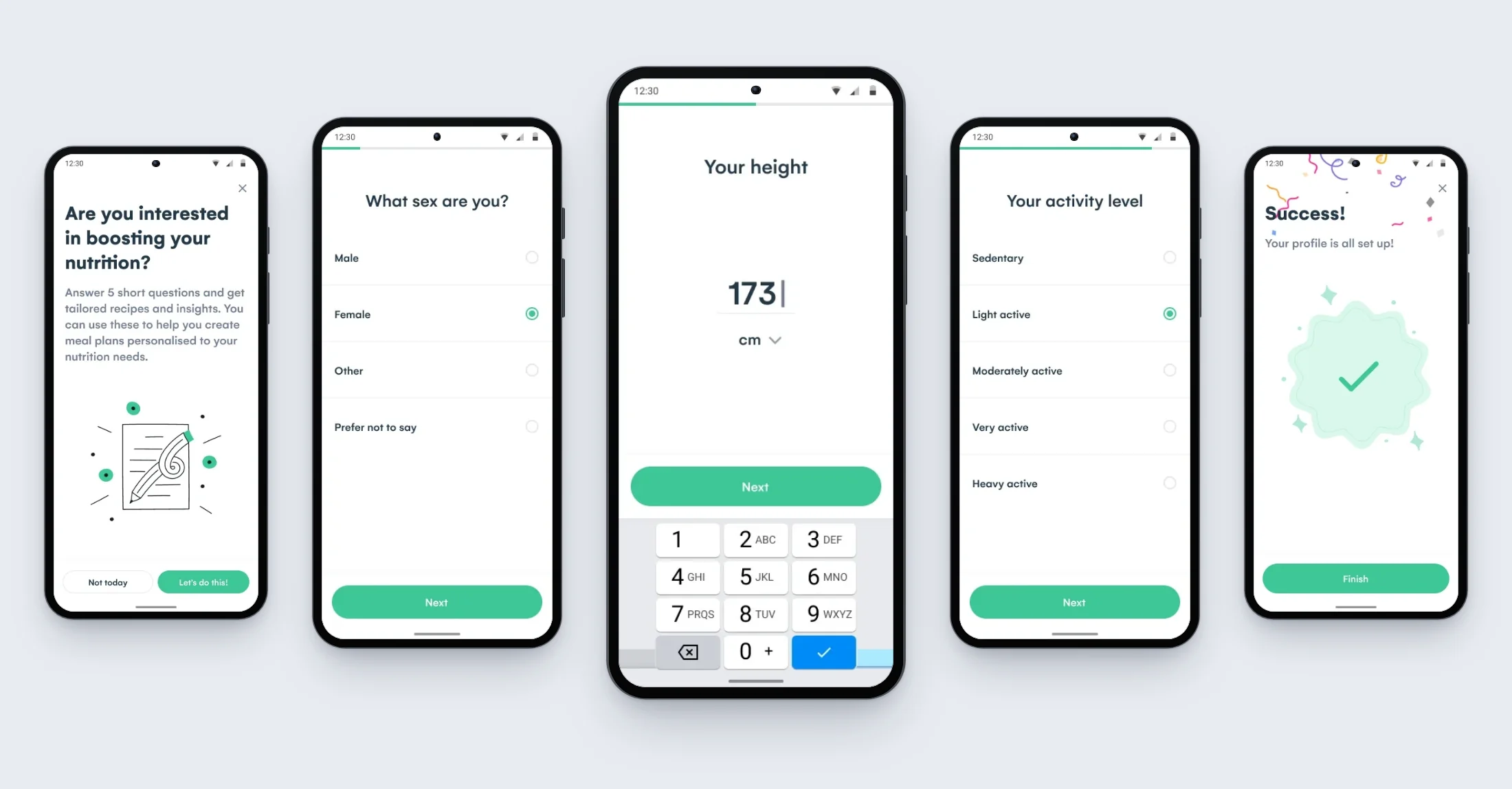 Five onboarding screens: the offer, Are you interested in boosting your nutrition, with Not today and Let's do this, then What sex are you, Your height at 173 cm, Your activity level from sedentary to heavy active, and Success, your profile is all set up.