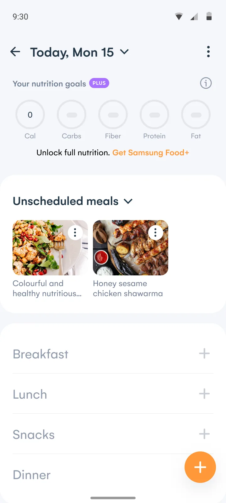 The Freemium daily view: empty nutrition rings with a Plus tag and the line Unlock full nutrition, Get Samsung Food+, above unscheduled meals and the meal types.