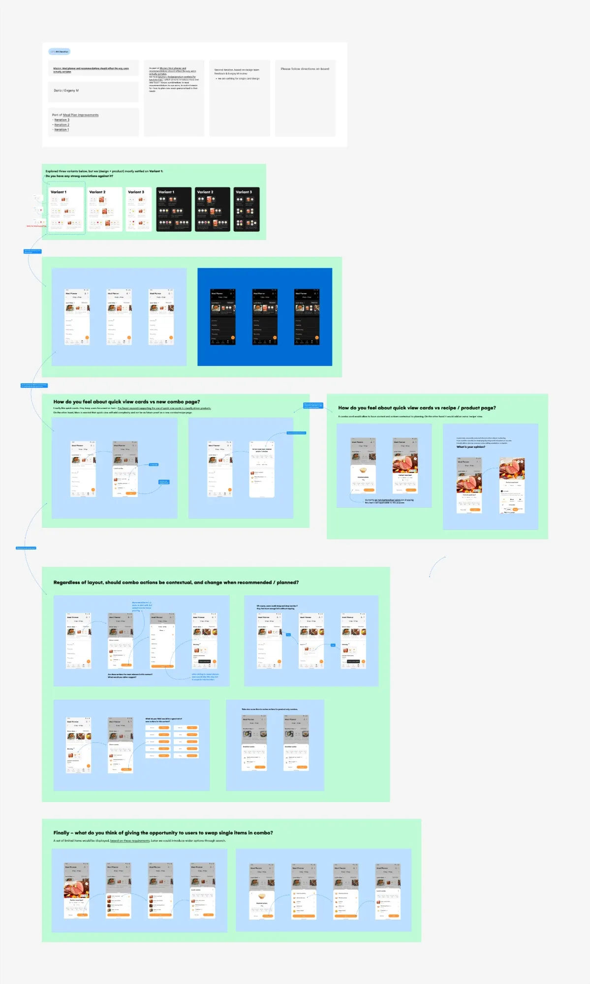 The iteration 4 design review: the variant question, light and dark planner screens, quick view versus page, contextual combo actions, and swapping an item in a combo.