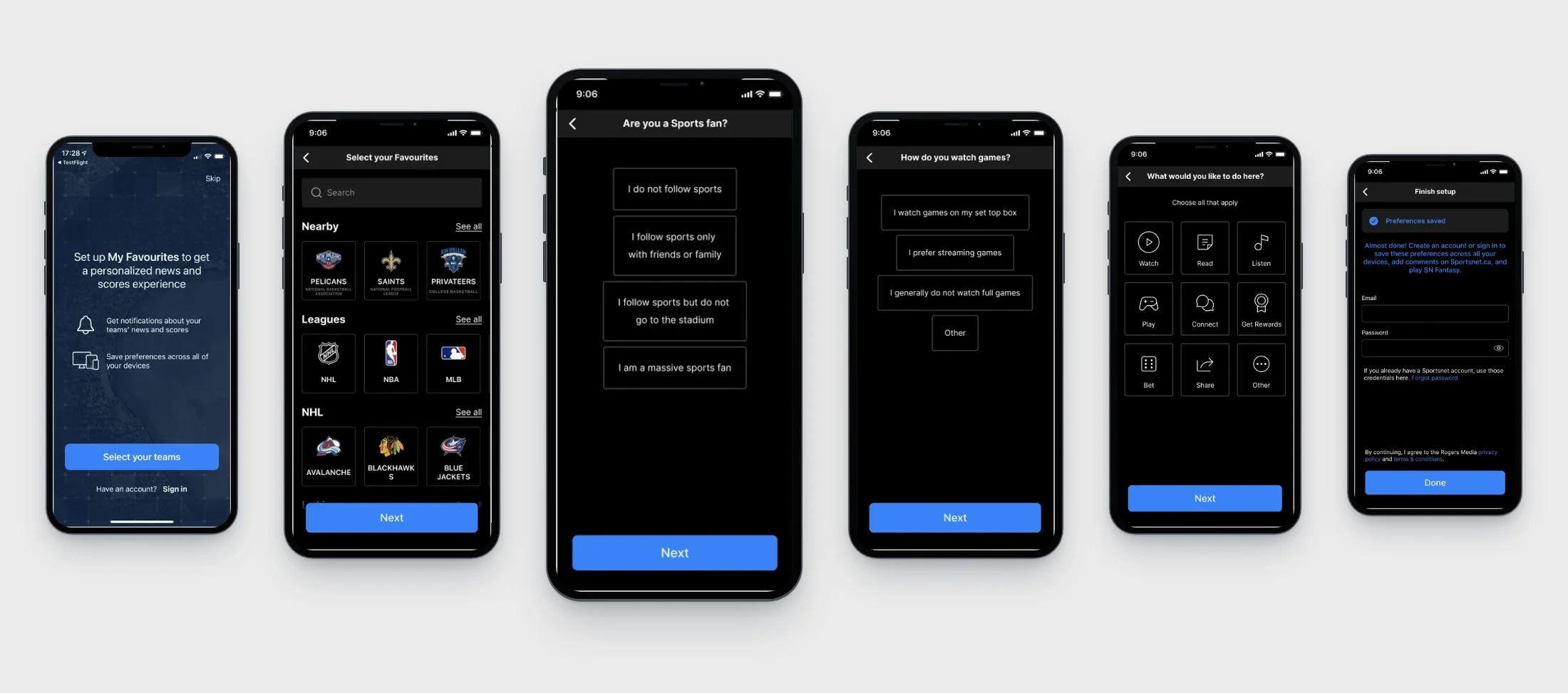 Six screens of the rebuilt onboarding: the unchanged first screen, favourites in rows for nearby teams, leagues and the NHL under a search bar, are you a sports fan, how do you watch games, what would you like to do here, and the finish setup form.