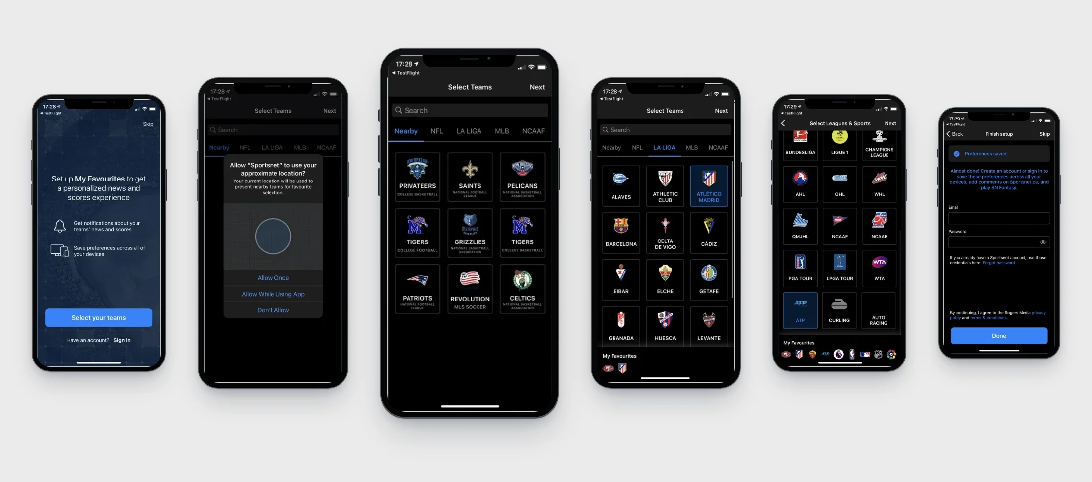 Six TestFlight screens of the current onboarding: set up my favourites, the location permission prompt, nearby teams, a La Liga tab with picks in a favourites tray, a leagues and sports grid, and the finish setup form.