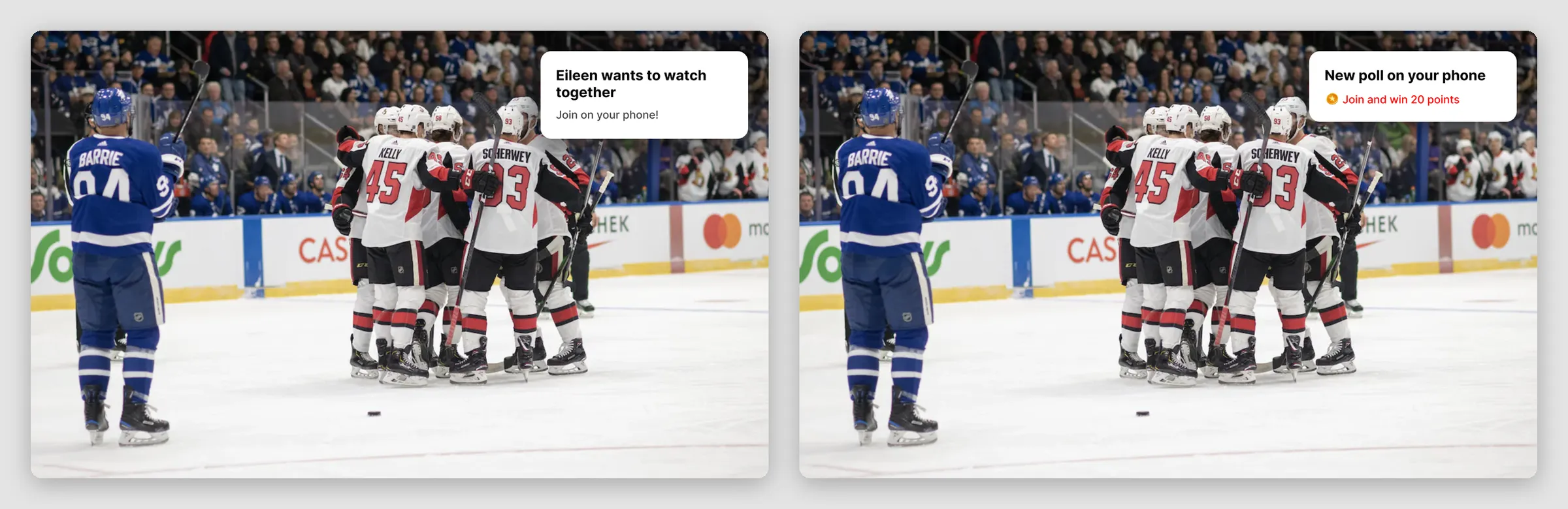 Two TV screens over live hockey: a card reading Eileen wants to watch together, join on your phone, and a card reading New poll on your phone, join and win 20 points.