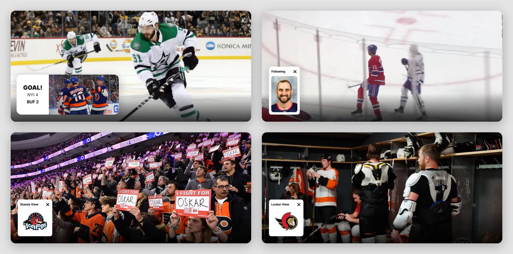 Four full-screen video frames: a goal alert card for the Islanders against Buffalo over a Dallas game, a Following card with a player's photo, a Stands View card over a crowd holding signs, and a Locker View card over players in a locker room.