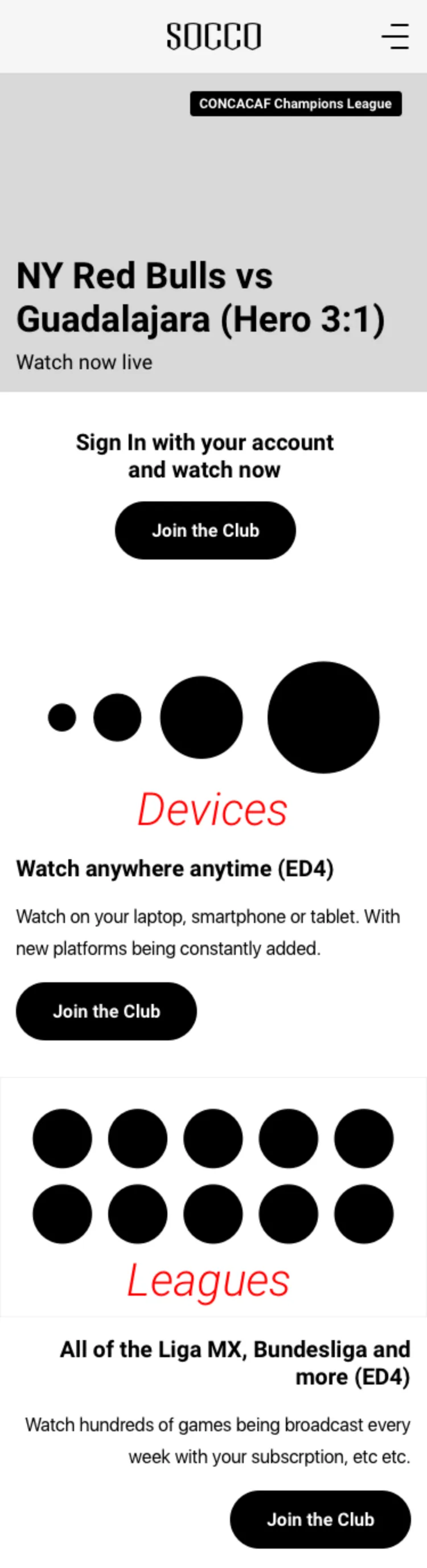 The signed-out landing page in a phone browser: a live match hero, then blocks for sign-in, devices and leagues, each with a Join the Club button.