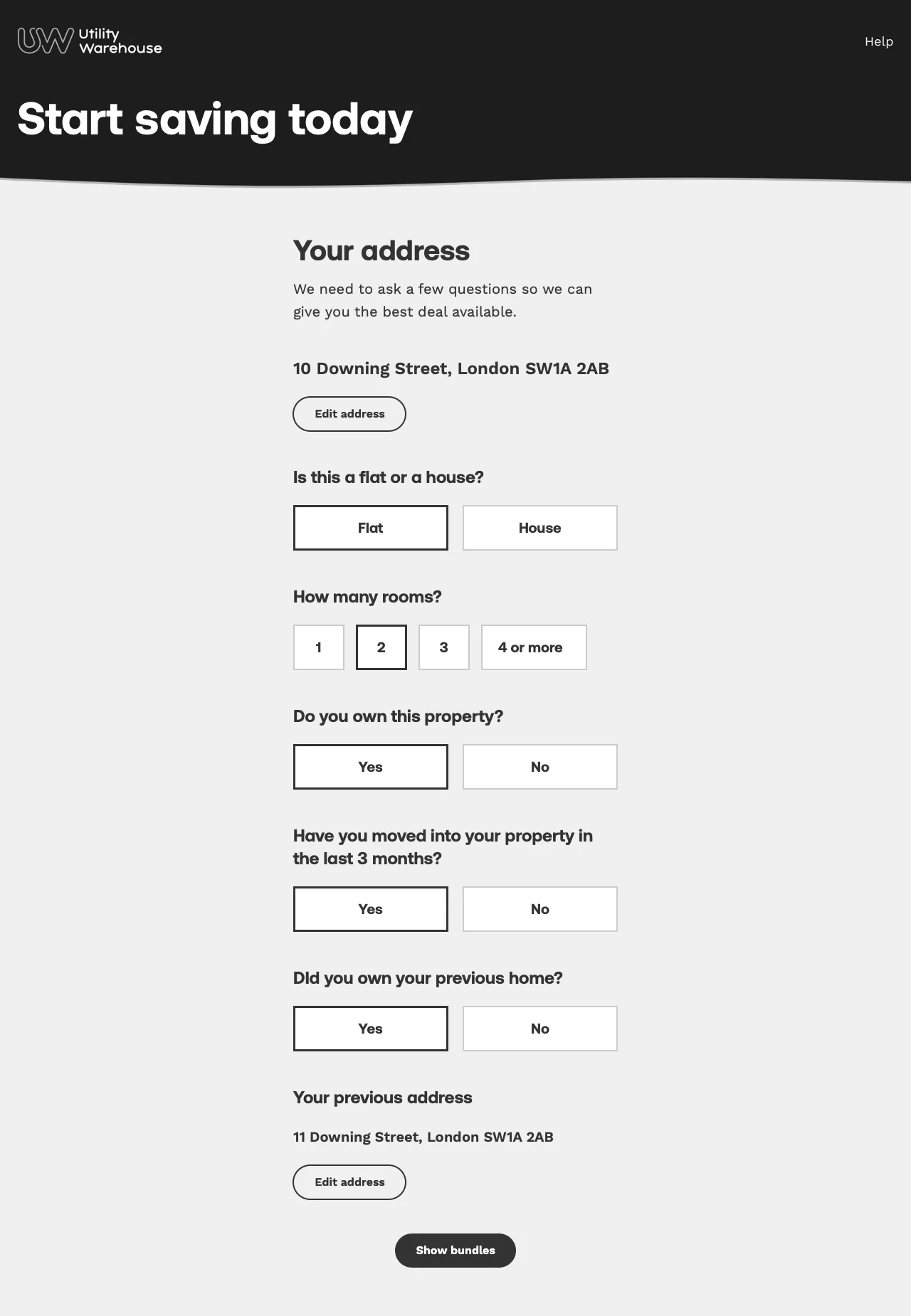 A greyscale wireframe of the address step, with questions on flat or house, bedrooms, ownership, a recent move and the previous home, then a Show bundles button.