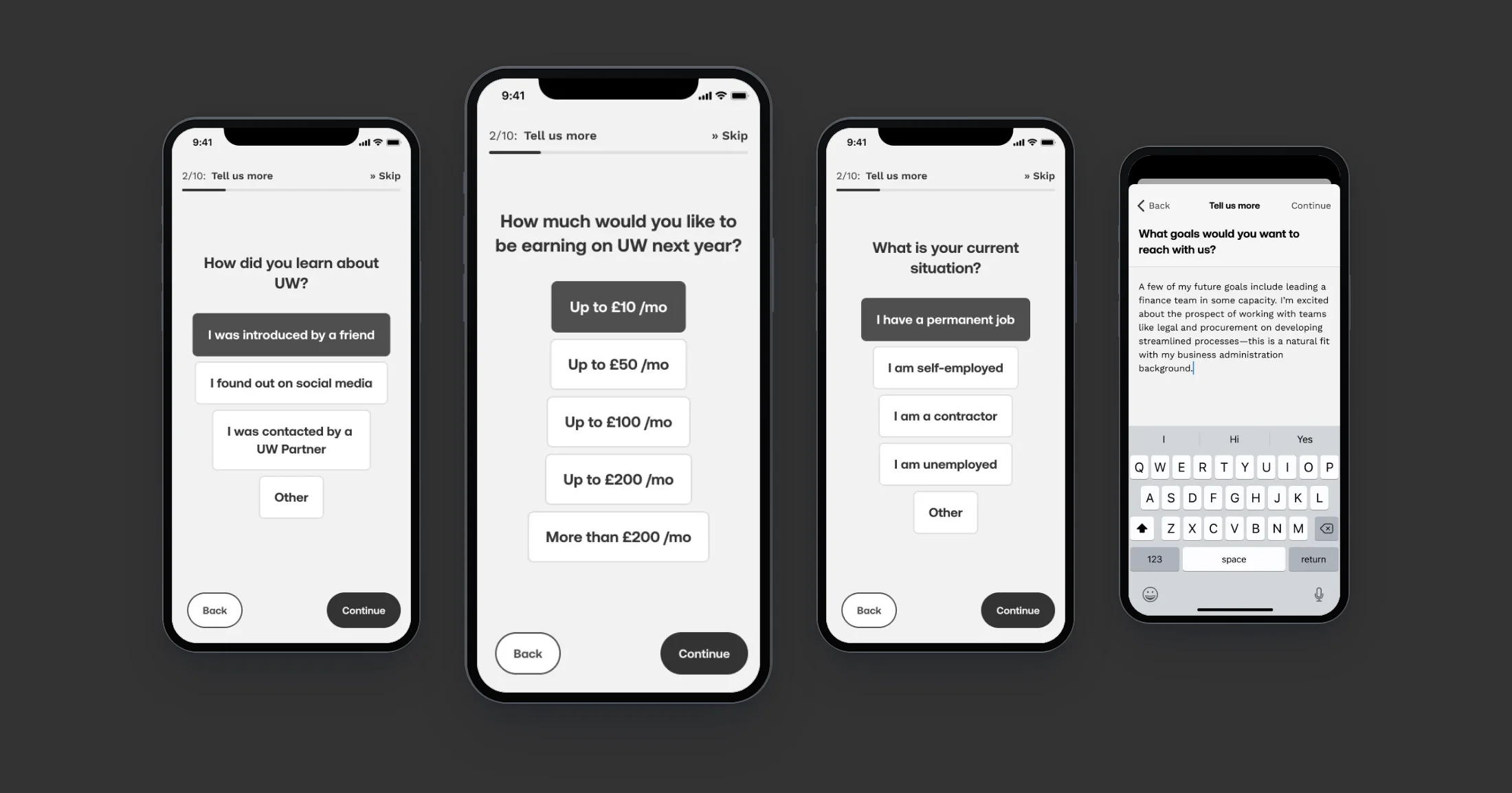Four versions of step two: how did you learn about UW, how much would you like to be earning on UW next year, what is your current situation, and a Tell us more sheet with a typed answer about the partner's goals.