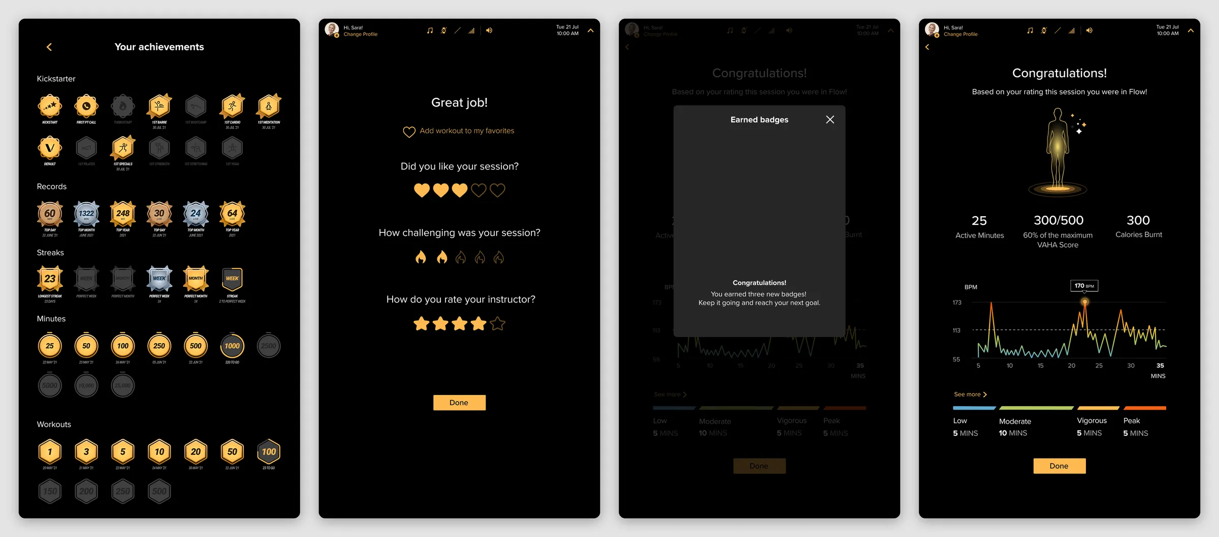 Four mirror screens. The achievements page has badges for kickstarters, records, streaks, minutes and workouts. A Great job screen asks how the member liked the session, how challenging it was and how they rate the instructor. An Earned badges popup shows three new badges, and a Congratulations screen shows active minutes, the VAHA score, calories and a heart rate chart.
