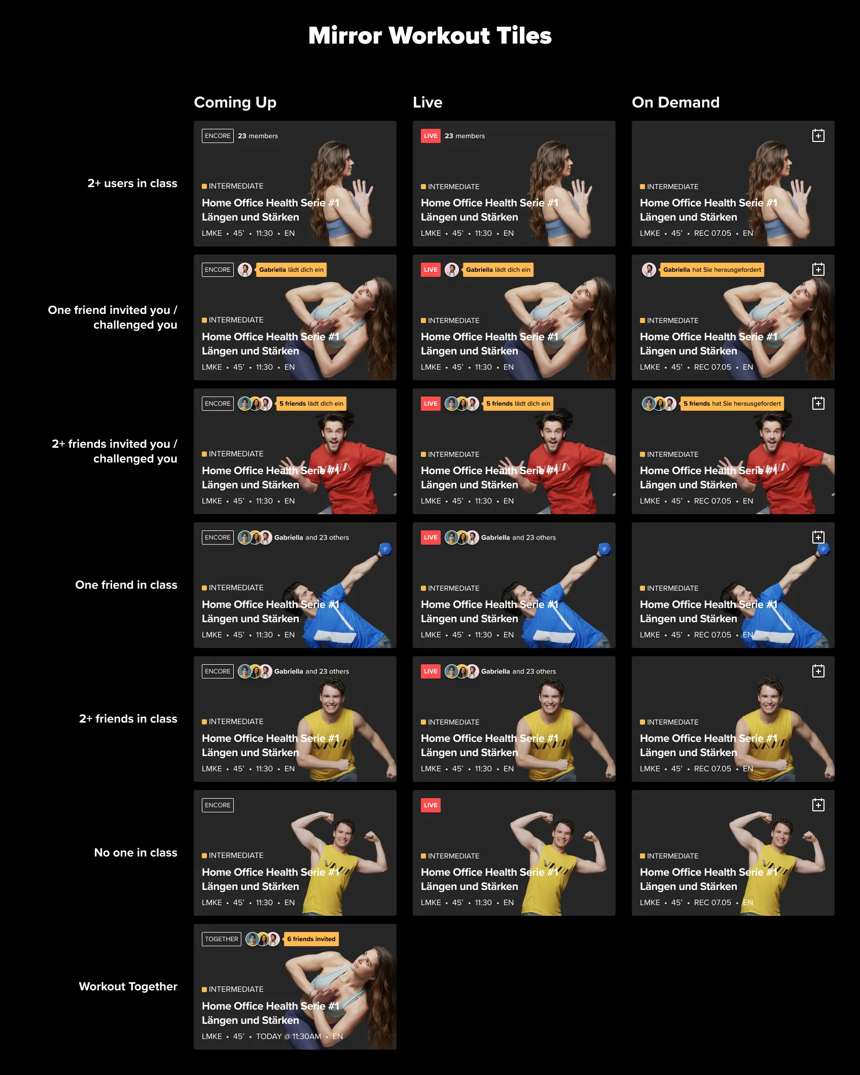 The Mirror Workout tiles frame: class tiles for the mirror in columns for coming up, live and on demand, one row per social state, from two or more members in the class to a workout together, with each state named in a column on the left.