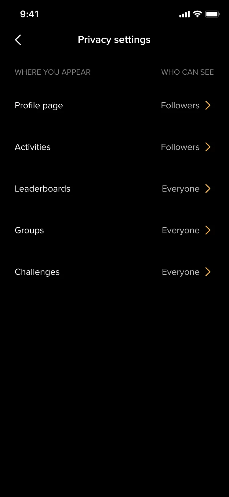 Privacy settings as a table of where you appear and who can see it: the profile page and activities set to Followers, and leaderboards, groups and challenges set to Everyone.