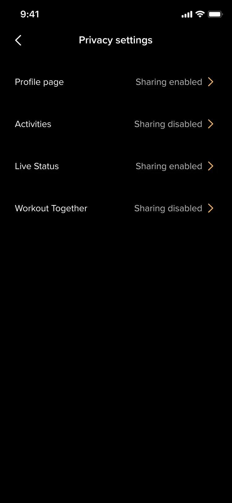 Test A privacy settings: profile page, activities, live status and workout together, each marked sharing enabled or disabled, with a chevron.