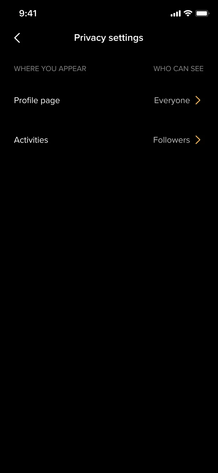 Test B privacy settings as a table with the headings where you appear and who can see: the profile page set to Everyone and activities set to Followers.